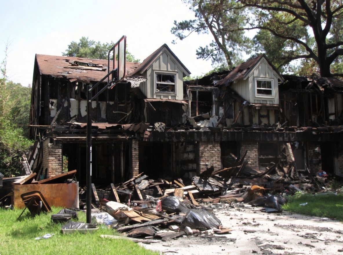 The back of a two-story Houston home destroyed by fire, with the roof collapsed and debris across the yard