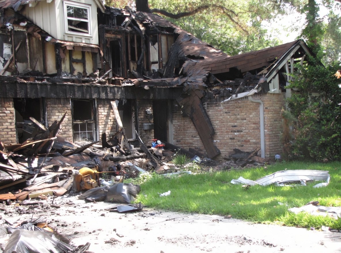 Fire damage across the side of the home, with the roof burned through and belongings scattered in the grass